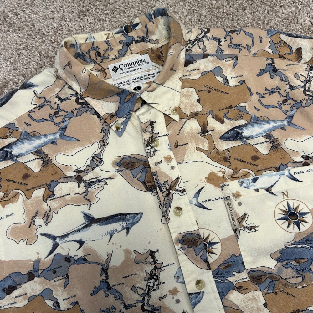 Vintage Columbia All Over Print Florida Keys‎ Everglades Button Shirt Men Large